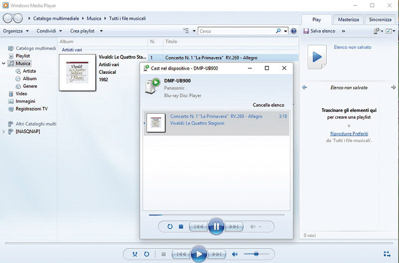 Da Windows Media Player il lettore viene riconosciuto come renderer DLNA.