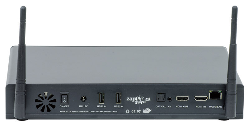 Il "lato B" del player in tutto il suo splendore: tra le due antenne omnidirezionali per la connessione Wi-Fi ci sono, partendo da sinistra: la presa d'aria, il pulsante di alimentazione, la presa per l'alimentatore esterno, 2 porte USB 2.0, l'uscita audio S/PDIF ottiva, l'usicta audio/video analogica, le due porte (uscita e ingresso) HDMI 1.4 e la porta ethernet gigabit.