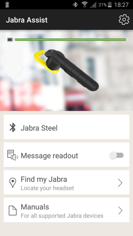 In questa figura la schermata principale dell'app Jabra Assist sotto Android.