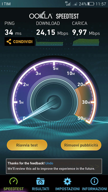 Le prestazioni nel trasferimento dati rilevate su rete LTE sono di ottimo livello.