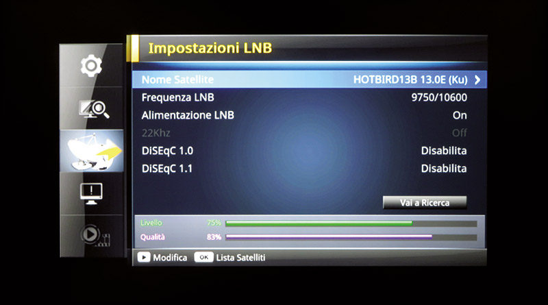 Nelle impostazioni LNB si configura l'impianto satellitare. Con un LNB universale non è necessario modificare i parametri di default.