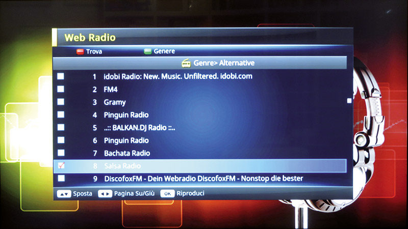 L'interfaccia per l'ascolto delle web radio, unica funzione, a parte Tivùon se si possiede la CAM con la scheda Tivùsat, che si serve del collegamento in rete del decoder.