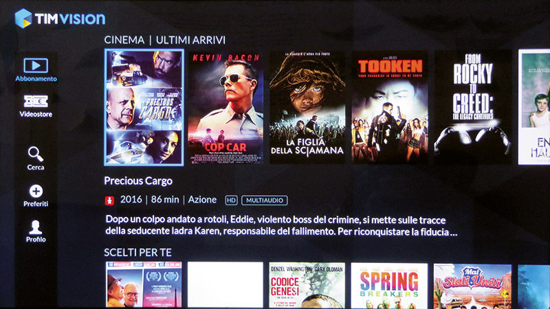 Il menu principale del servizio TIMvision è suddiviso tra i contenuti in abbonamento e quelli acquistabili (o a noleggio).