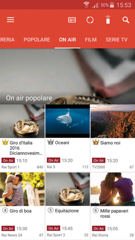 La schermata principale dell'app per smartphone e tablet propone i programmi attualmente in onda, che si possono selezionare per la visualizzazione sul TV.