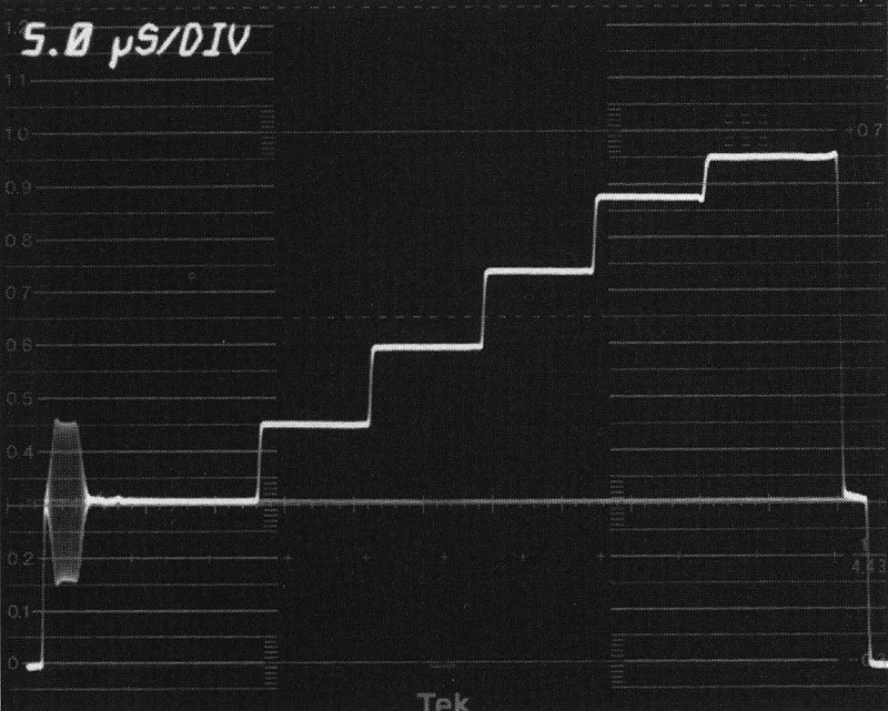 Figura 14 - In questa figura è raffigurato un segnale di tipo scala dei grigi a 5 livelli. Gli incrementi dovrebbero essere della stessa entità per tutti i gradini; al contrario l’ultimo denota una certa compressione dovuta al clipping dello stadio video in presenza di segnali prossimi al 100%.