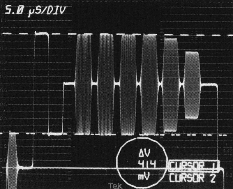 Figura 7 - Questo segnale, detto Multiburst, è caratterizzato da sei pacchetti di frequenze variabili da 500 kHz a circa 6 MHz ed è utile per calcolare la risposta in frequenza riferendosi alla prima onda quadra che si incontra, corrispondente ad una barra verticale di bianco al 100%; l’ultimo pacchetto è attenuato di circa 3,7 dB.